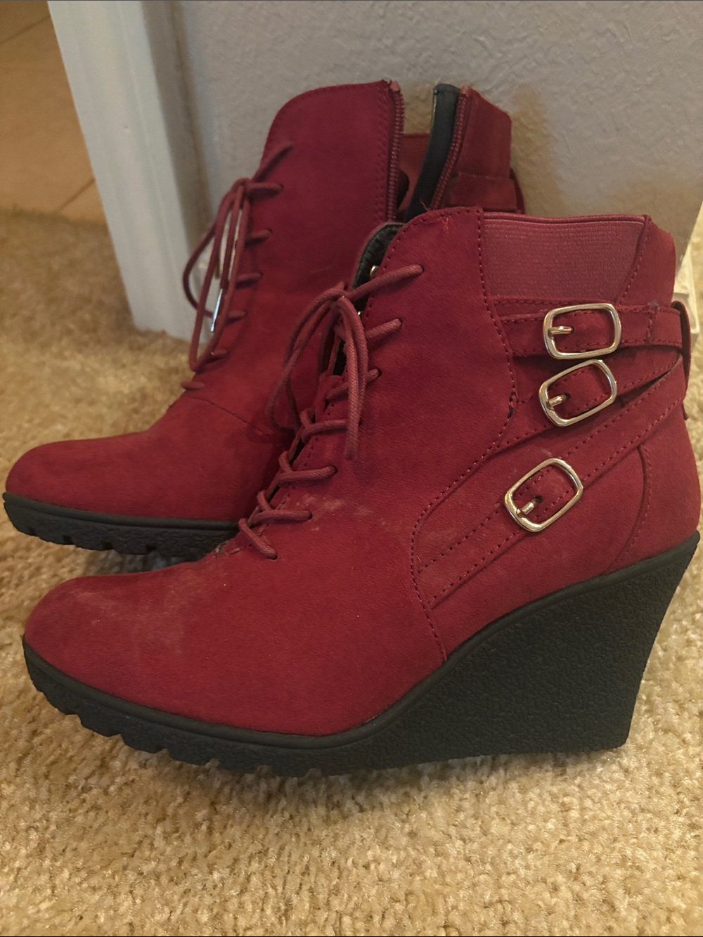 Women’s Lace-Up Wedge Ankle Boots in Deep Red